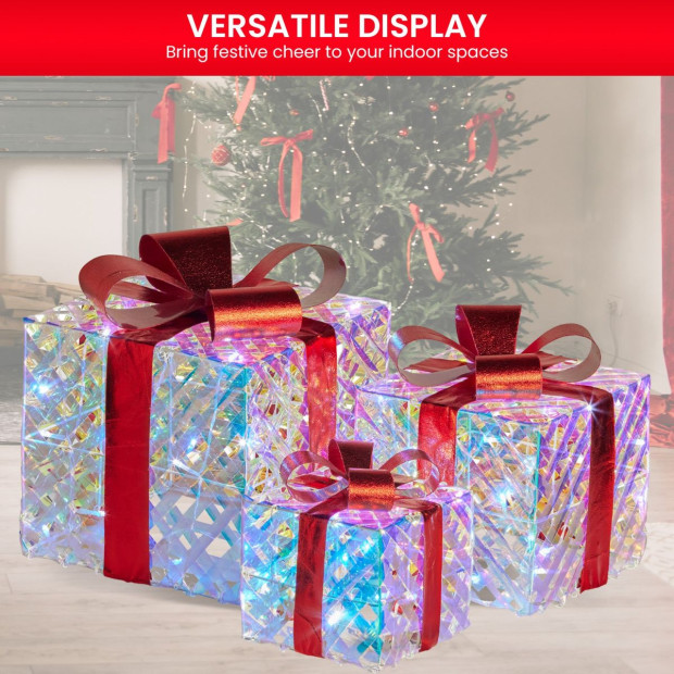 Set of 3 Christmas Gift Boxes with Lights - Clear Shimmer with Red Bows Image 6