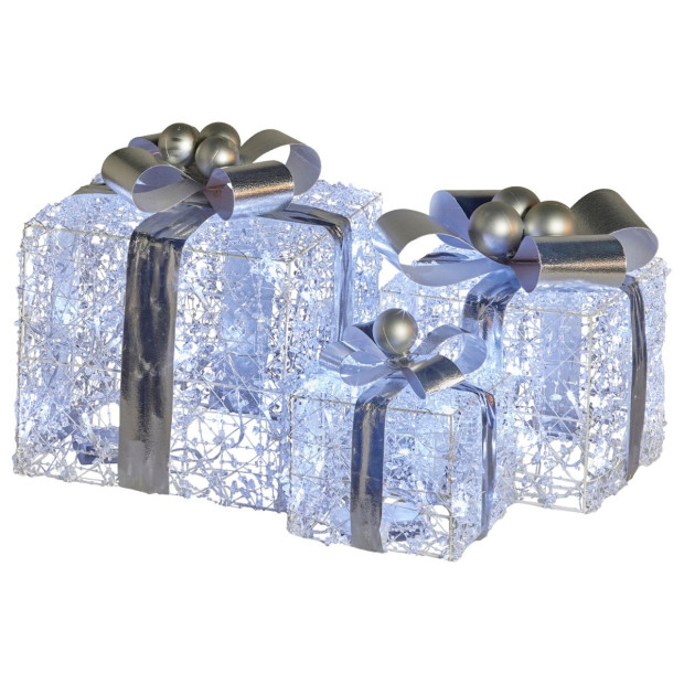 Set of 3 Christmas Gift Boxes with Lights With Jewelled Wire and Silver Bows Image 2