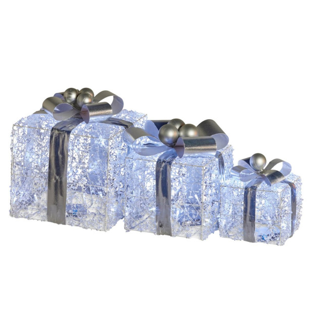 Set of 3 Christmas Gift Boxes with Lights With Jewelled Wire and Silver Bows Image 3