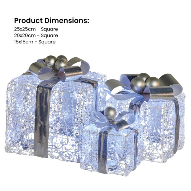 Set of 3 Christmas Gift Boxes with Lights With Jewelled Wire and Silver Bows Image 4