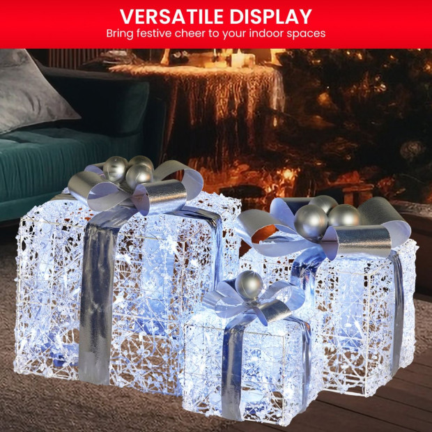 Set of 3 Christmas Gift Boxes with Lights With Jewelled Wire and Silver Bows Image 6