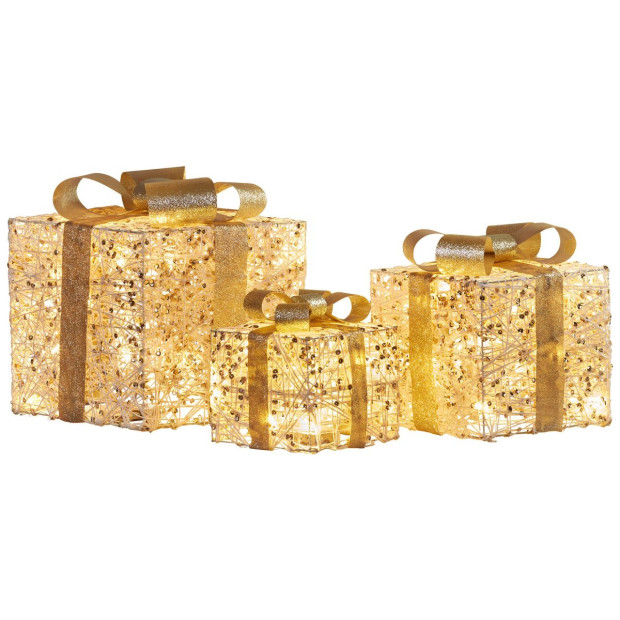 Christabelle Battery Operated Golden Christmas Gift Boxes with Lights & Gold Bows - Set of 3 Image 2