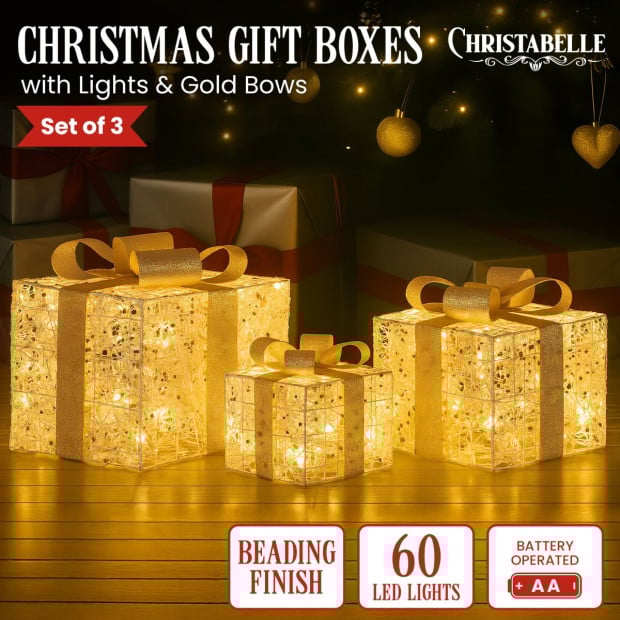 Christabelle Battery Operated Golden Christmas Gift Boxes with Lights & Gold Bows - Set of 3