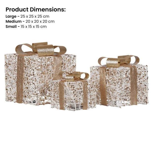 Christabelle Battery Operated Golden Christmas Gift Boxes with Lights & Gold Bows - Set of 3 Image 3