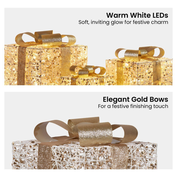 Christabelle Battery Operated Golden Christmas Gift Boxes with Lights & Gold Bows - Set of 3 Image 5