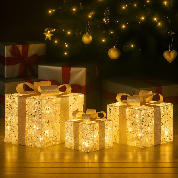 Christabelle Battery Operated Golden Christmas Gift Boxes with Lights & Gold Bows - Set of 3 Image 6