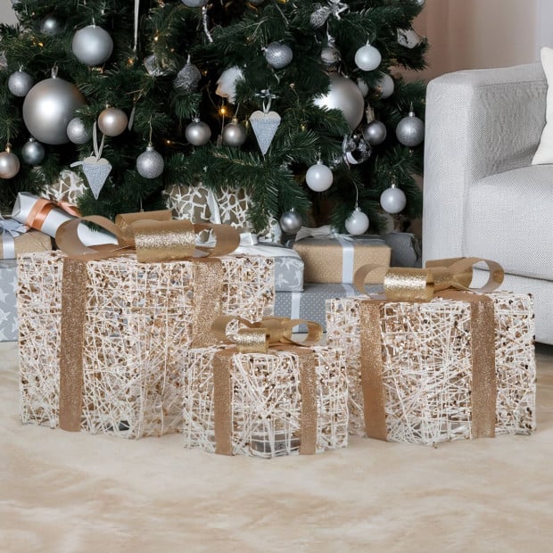Christabelle Battery Operated Golden Christmas Gift Boxes with Lights & Gold Bows - Set of 3 Image 7
