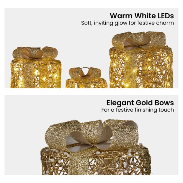 Christabelle Battery Operated Golden Cylindrical Christmas Gift Boxes with Lights - Set of 3 Image 5