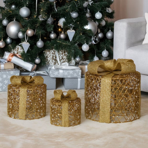 Christabelle Battery Operated Golden Cylindrical Christmas Gift Boxes with Lights - Set of 3 Image 7