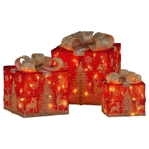 Christabelle Battery Operated Red Christmas Gift Boxes with Lights, Gold Scenery & Gold Bows - Set of 3 Image 2