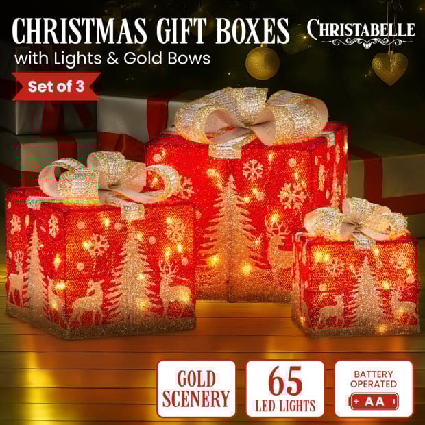 Christabelle Battery Operated Red Christmas Gift Boxes with Lights, Gold Scenery & Gold Bows - Set of 3