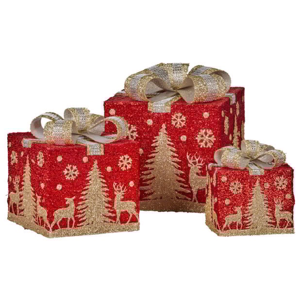 Christabelle Battery Operated Red Christmas Gift Boxes with Lights, Gold Scenery & Gold Bows - Set of 3 Image 4