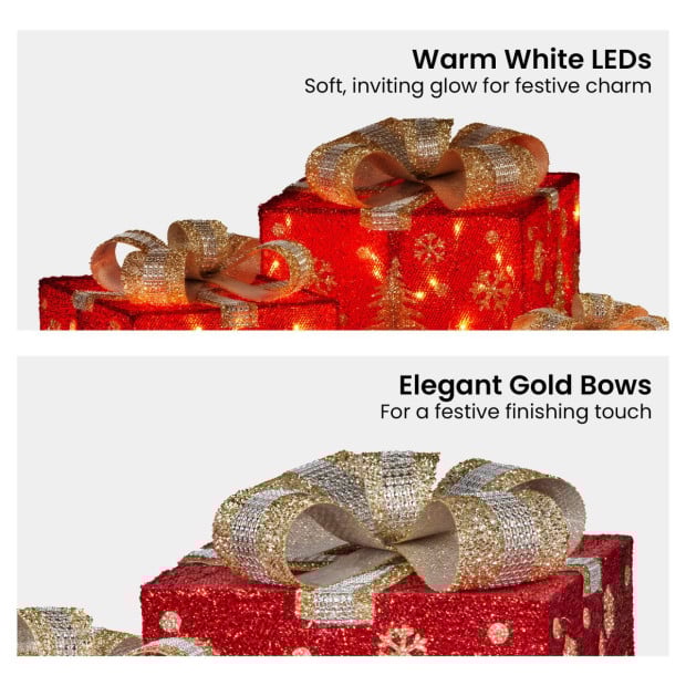 Christabelle Battery Operated Red Christmas Gift Boxes with Lights, Gold Scenery & Gold Bows - Set of 3 Image 5