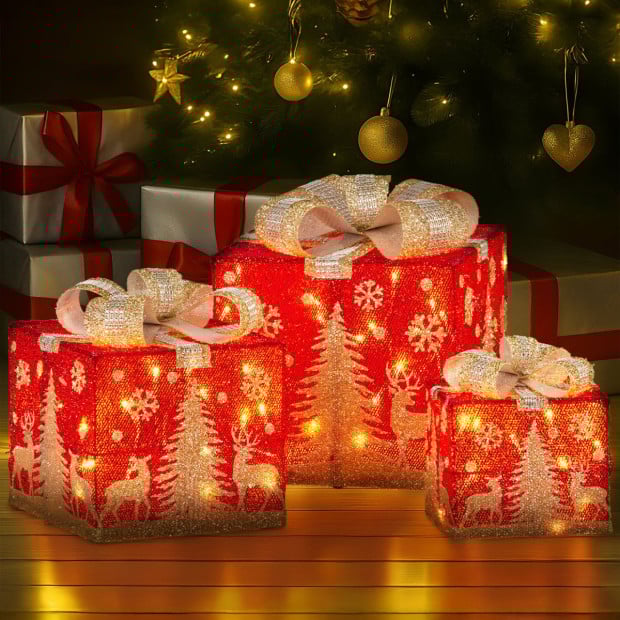 Christabelle Battery Operated Red Christmas Gift Boxes with Lights, Gold Scenery & Gold Bows - Set of 3 Image 6