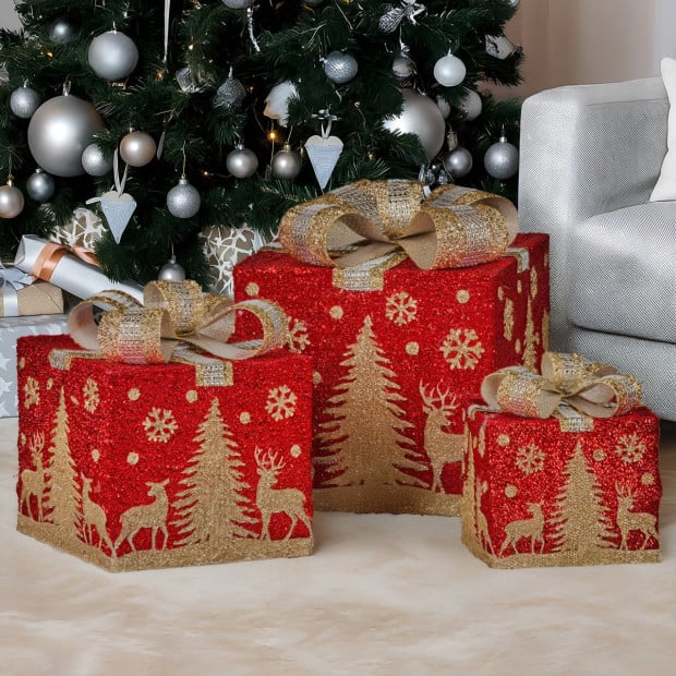 Christabelle Battery Operated Red Christmas Gift Boxes with Lights, Gold Scenery & Gold Bows - Set of 3 Image 7