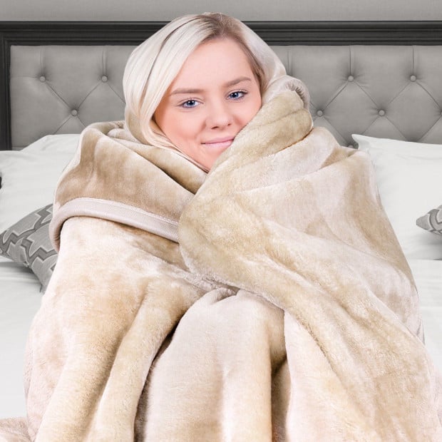 Laura Hill 600GSM Large Double-Sided Queen Faux Mink Blanket - Beige Image 5