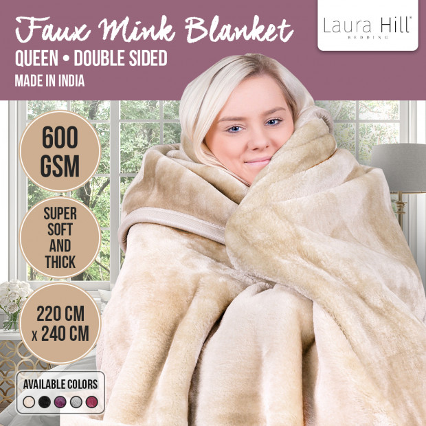 Laura Hill 600GSM Large Double-Sided Queen Faux Mink Blanket - Beige Image 7
