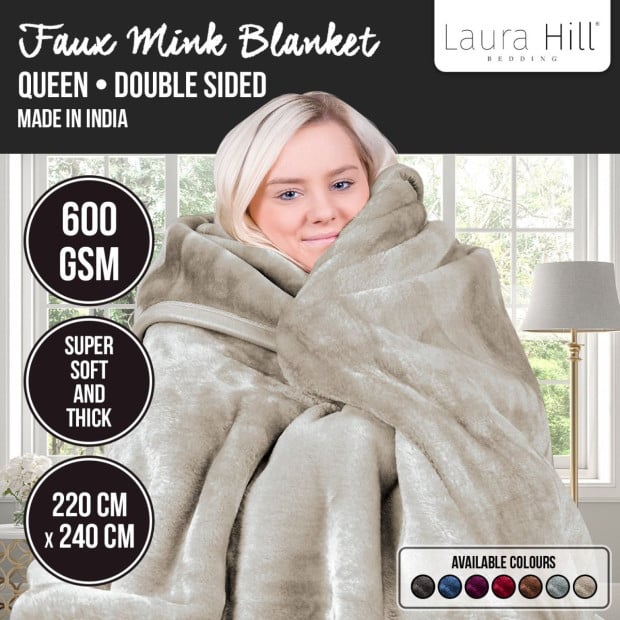 Laura Hill 600GSM Large Double-Sided Queen Faux Mink Blanket - Beige