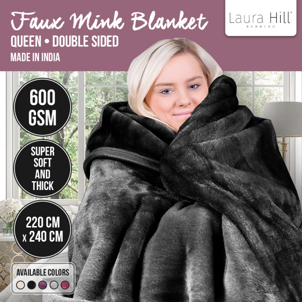 Laura Hill 600GSM Double-Sided Black Queen Size Faux Mink Blanket Image 7