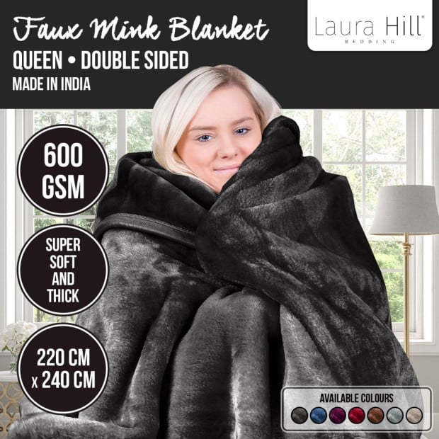 Laura Hill 600GSM Large Double-Sided Queen Faux Mink Blanket - Black