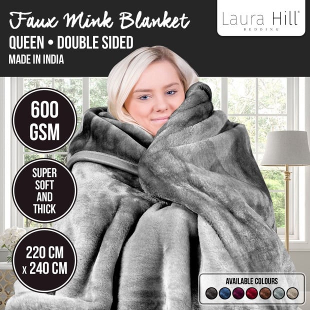 Laura Hill 600GSM Double-Sided Queen Size Faux Mink Blanket - Silver