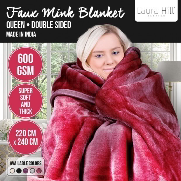 Laura Hill 600GSM Double-Sided Wine Red Queen Size Faux Fur Mink Blanket Image 5