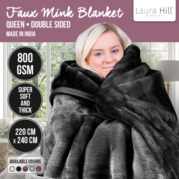 Laura Hill 800GSM Heavy Double-Sided Faux Mink Blanket - Black
