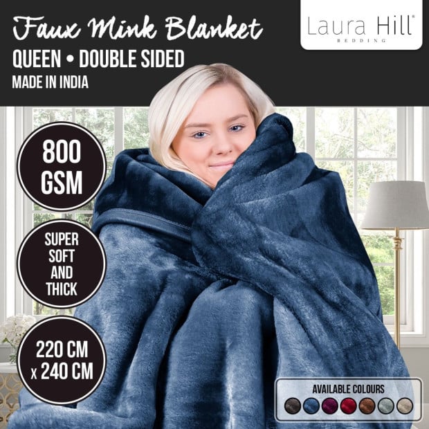 Laura Hill Faux Mink Blanket 800GSM Heavy Double-Sided - Navy Blue