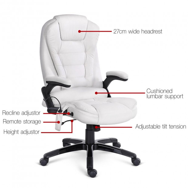 8 Point PU Leather Reclining Message Chair - White Image 3