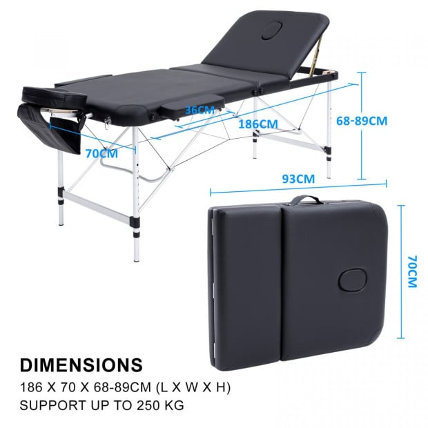 70cm Aluminium Portable Massage Table - BLACK Image 9