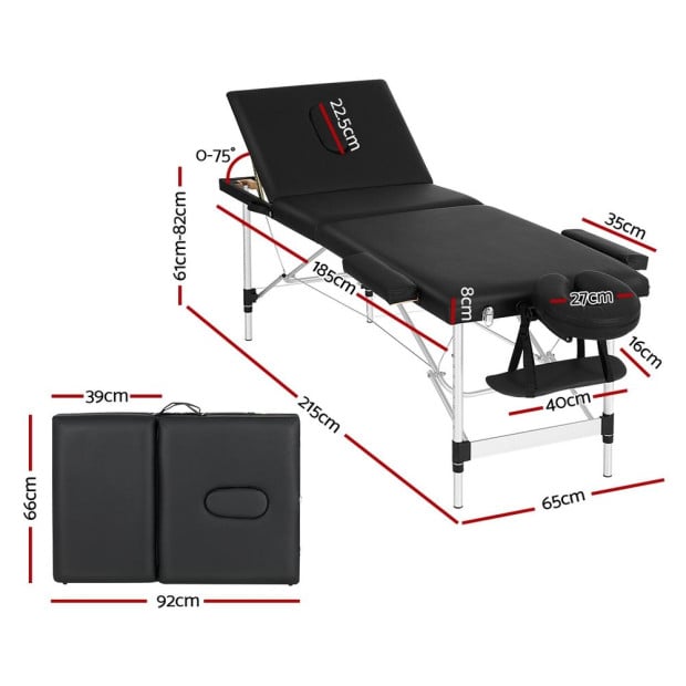 Massage Table 65cm Portable 3 Fold Aluminium Beauty Bed Black Image 2