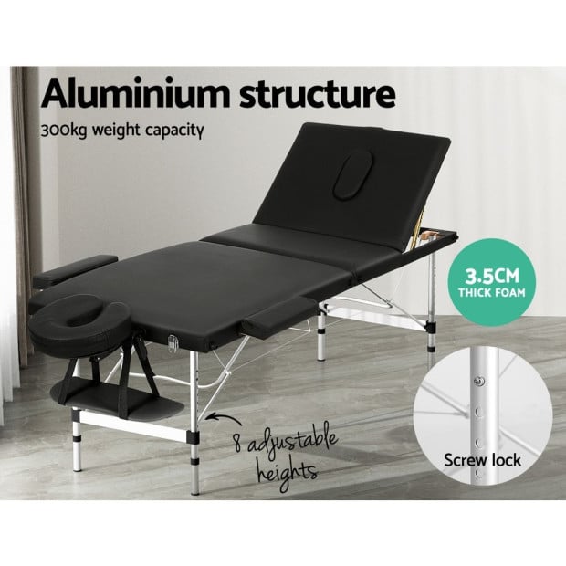 Massage Table 65cm Portable 3 Fold Aluminium Beauty Bed Black Image 4