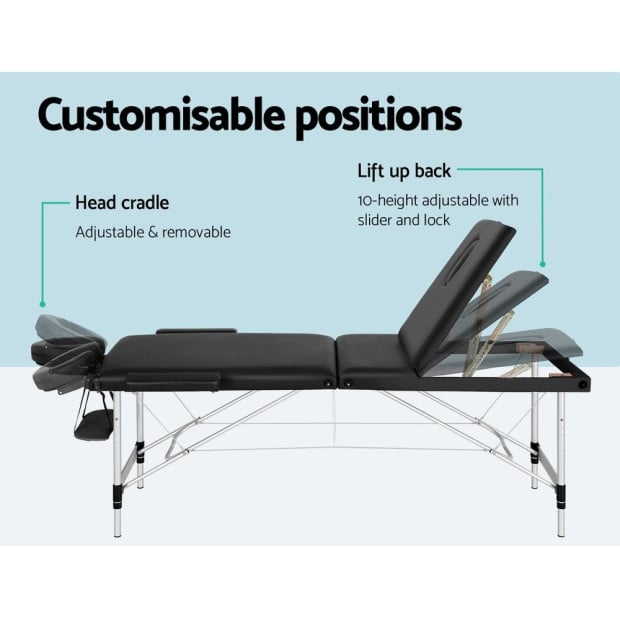 Massage Table 65cm Portable 3 Fold Aluminium Beauty Bed Black Image 5