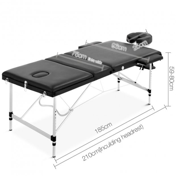 Portable Aluminium 3 Fold Massage Table Chair Bed Black 75cm Image 2