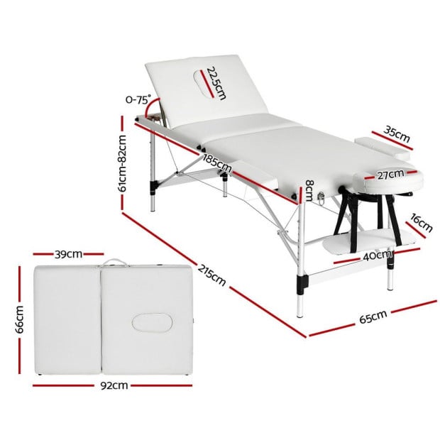Massage Table 65cm Portable 3 Fold Aluminium Beauty Bed White Image 2