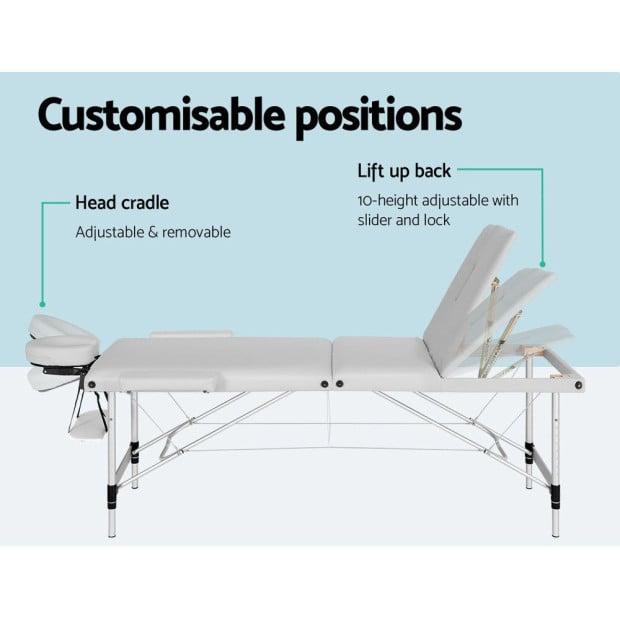 Massage Table 65cm Portable 3 Fold Aluminium Beauty Bed White Image 5