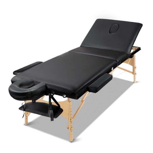 60cm Portable Wooden Massage Table 3 Fold Treatment Black