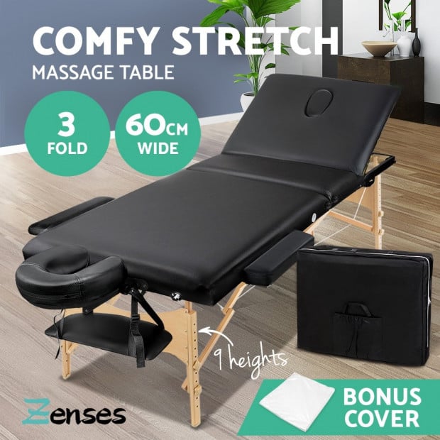 60cm Portable Wooden Massage Table 3 Fold Treatment Black Image 4