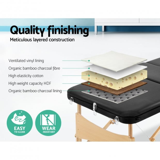 60cm Portable Wooden Massage Table 3 Fold Treatment Black Image 5