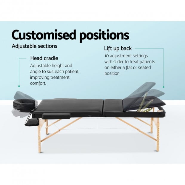 60cm Portable Wooden Massage Table 3 Fold Treatment Black Image 6