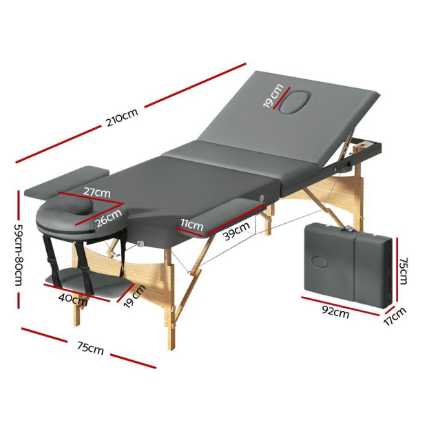 Massage Table Wooden Bed Portable 3 Fold Therapy Waxing 75cm Grey Image 2
