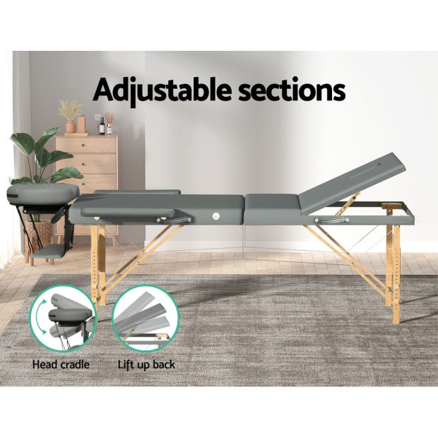 Massage Table Wooden Bed Portable 3 Fold Therapy Waxing 75cm Grey Image 4
