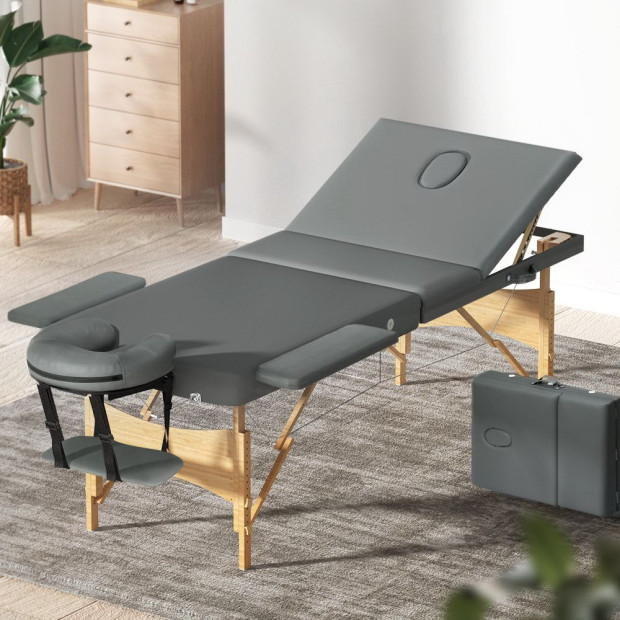 Massage Table Wooden Bed Portable 3 Fold Therapy Waxing 75cm Grey Image 8