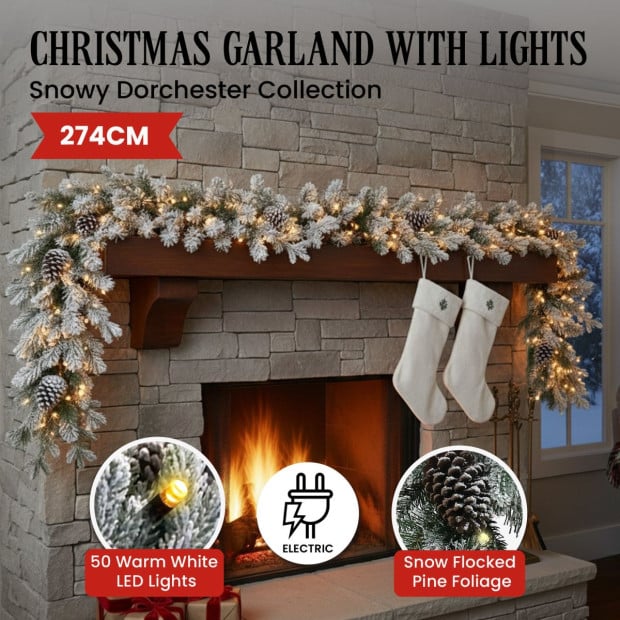 Christabelle 2.7m Christmas Garland Snowy with Lights Dorchester Tree Decoration Ornament