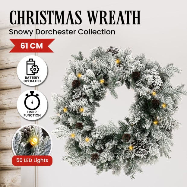 Christmas Wreath with Lights- 61cm Snowy Dorchester Image 6