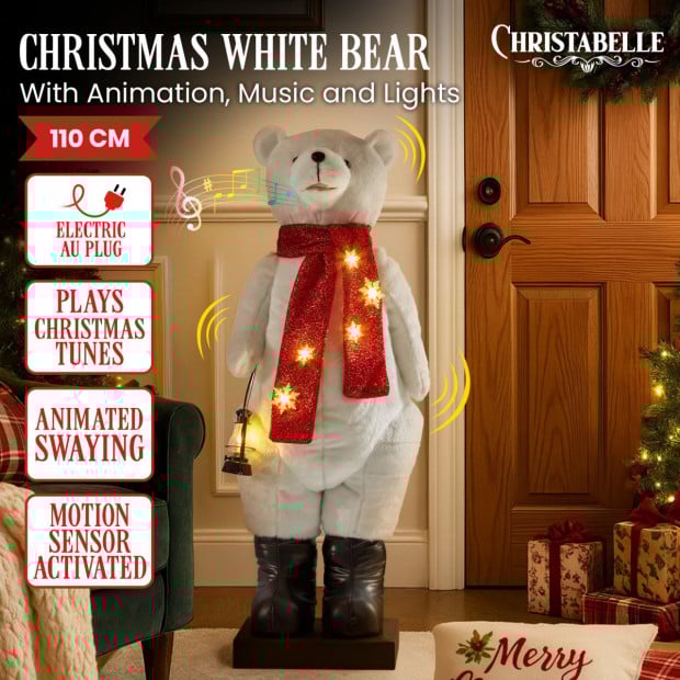 Christabelle Large 1.1m Musical Animated LED White Christmas Bear Decoration Light-Up Lantern Ornament Image 2