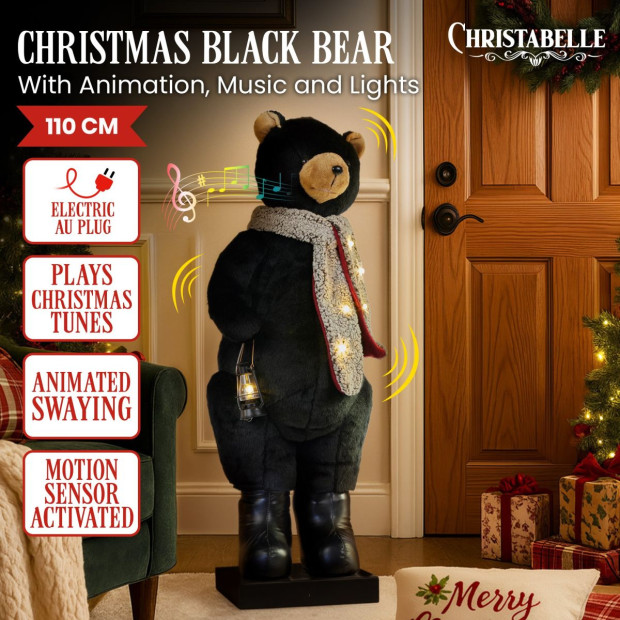 Christabelle Large 1.1m Musical Animated LED Black Christmas Bear Decoration Ornament Image 2