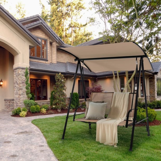 2-seat Outdoor Garden Swing With Adjustable Canopy - Beige Image 2