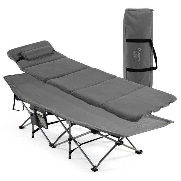 Folding Travel Camping Cot With Removable Mattress & Pillow Grey Image 2
