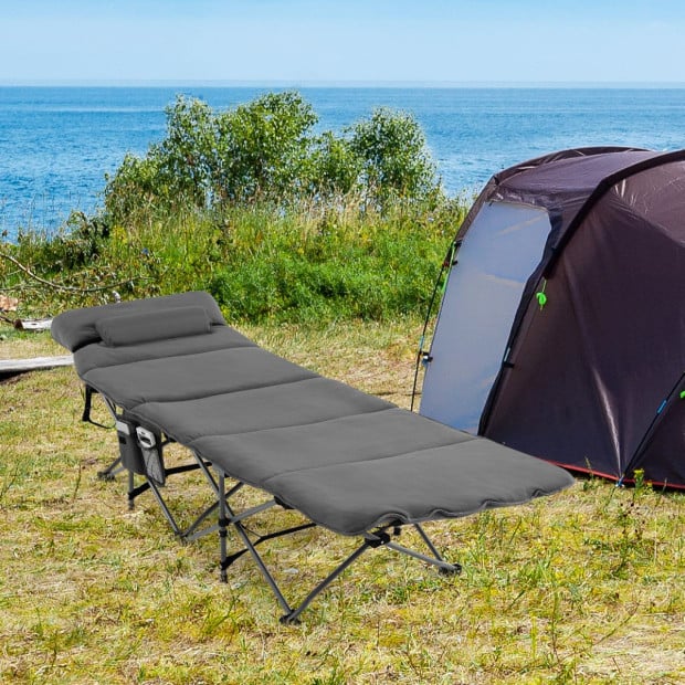 Folding Travel Camping Cot With Removable Mattress & Pillow Grey Image 3
